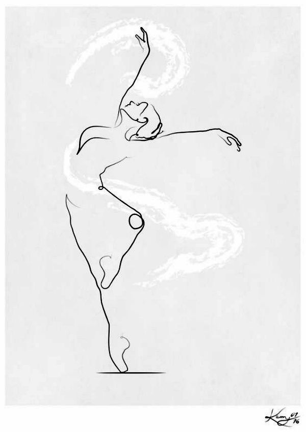 a black and white drawing of a ballerina in the air with her arms outstretched