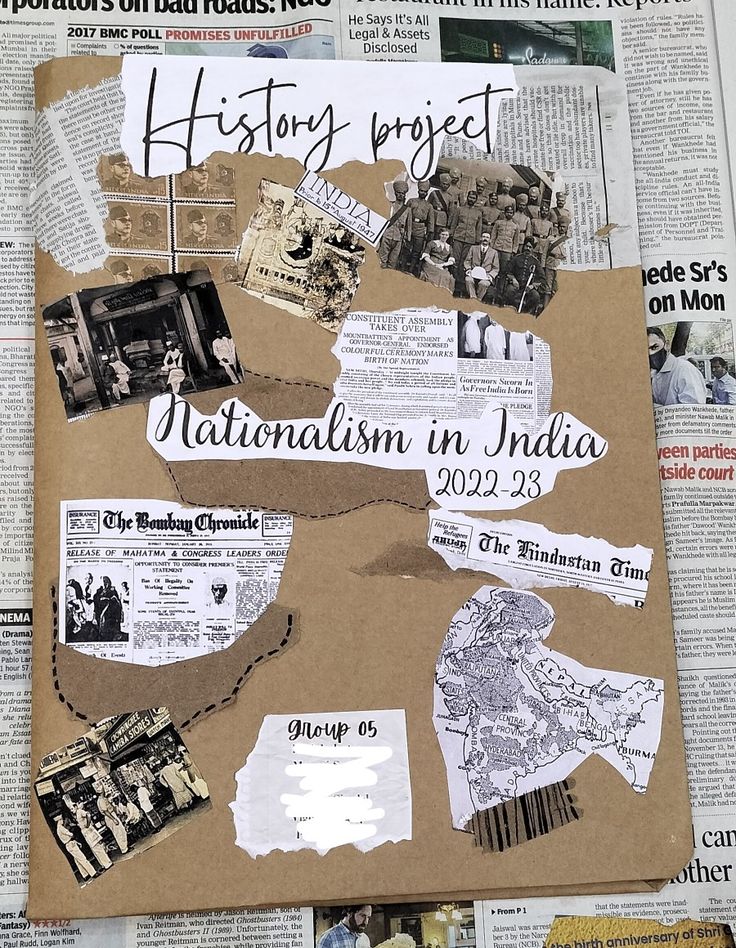 a bulletin board covered in pictures and newspaper clippings with the words, history project, nationalism in india written on it