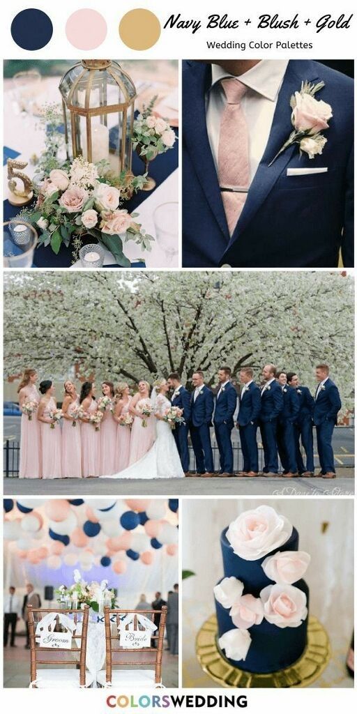 wedding color palettes for the bride and groom in navy, pink, peach, gold