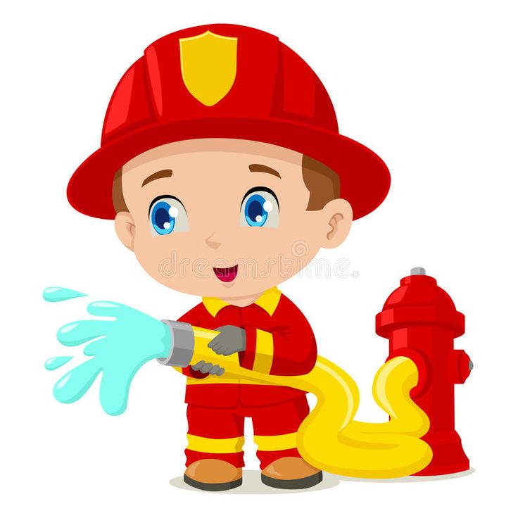 a cartoon fireman holding a hose and spraying water on a hydrant with his hand