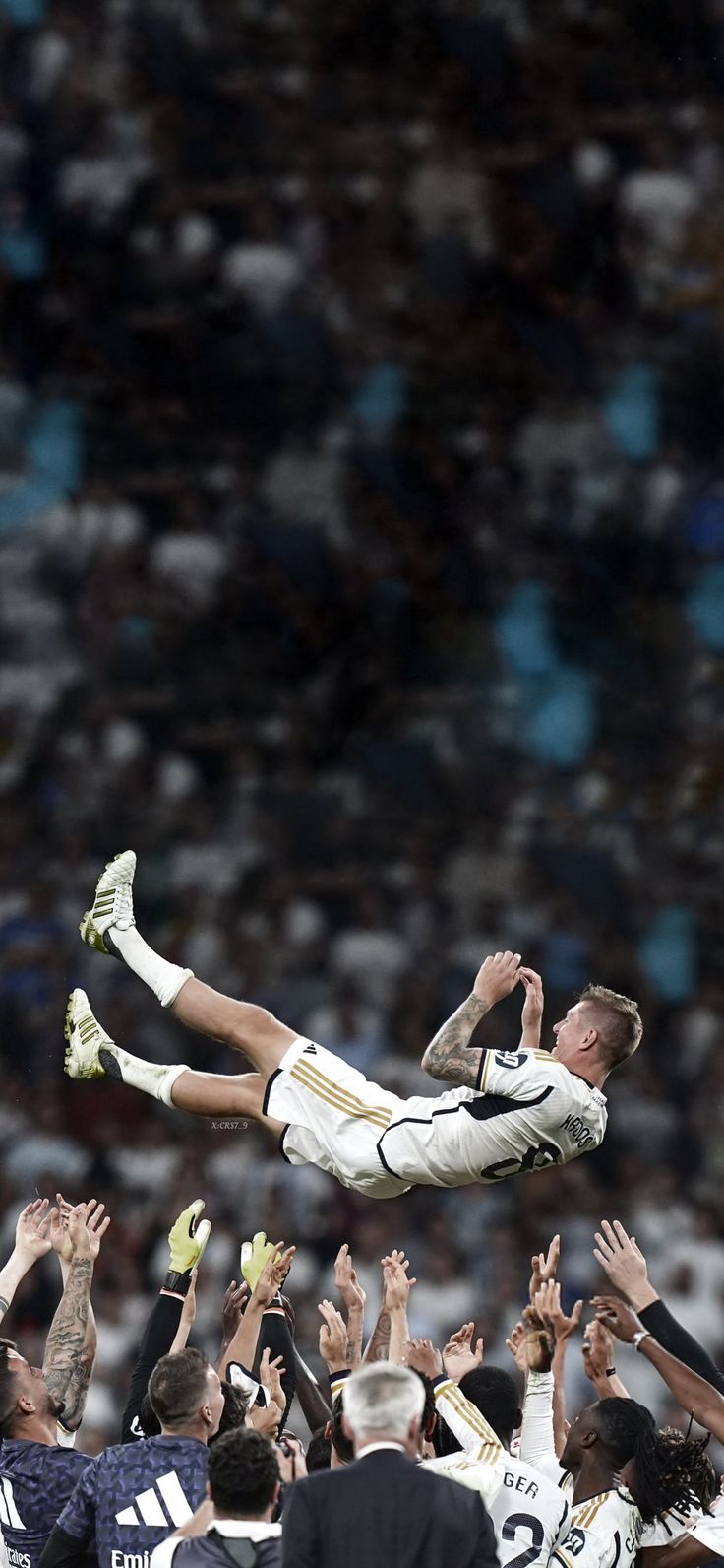 a soccer player is thrown in the air by his team mates