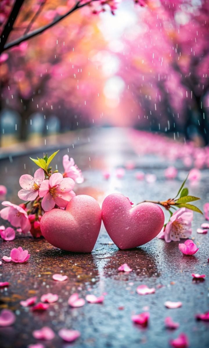 two pink hearts sitting on the ground in the rain with petals falling from trees behind them