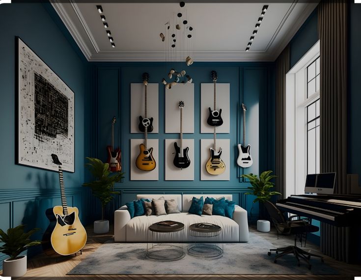 a living room with blue walls and guitars on the wall