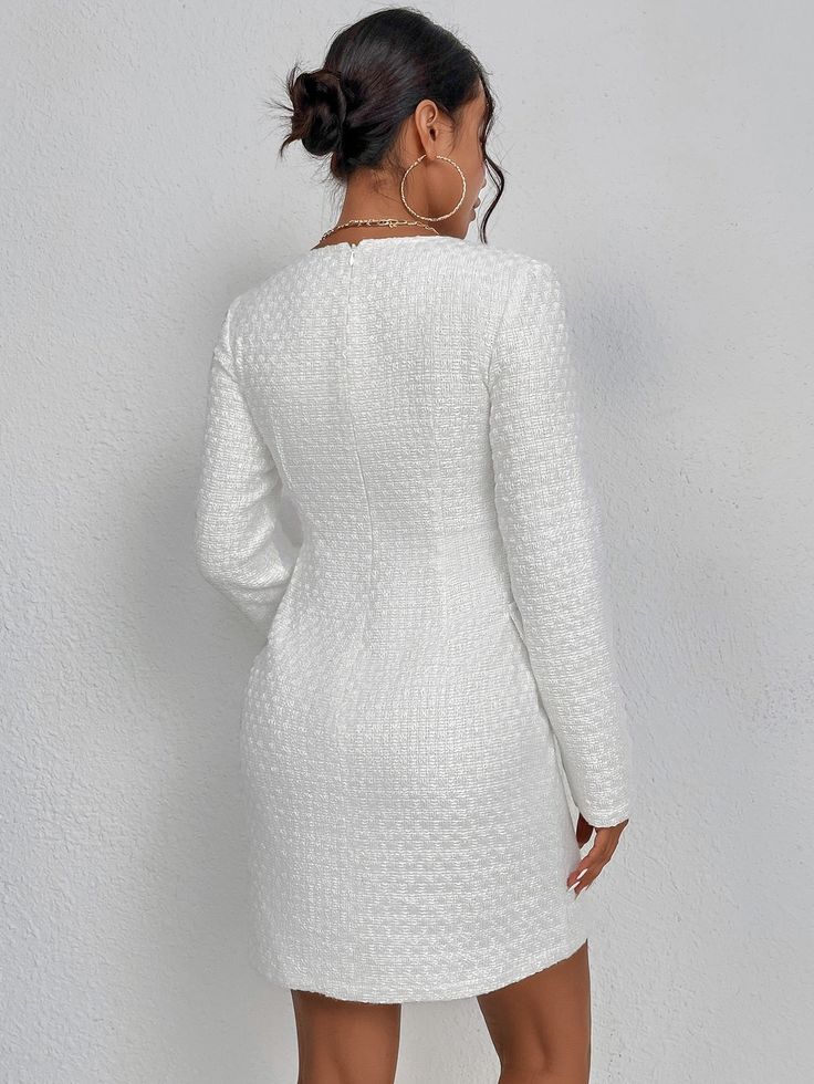 KevenKosh Tweed White Dress Autumn&Winter White Dress Fall, Plunging Neck, Dress Autumn, Tweed Dress, Puffed Sleeves Dress, Winter White, Fall Dresses, Dress P, Double Breasted