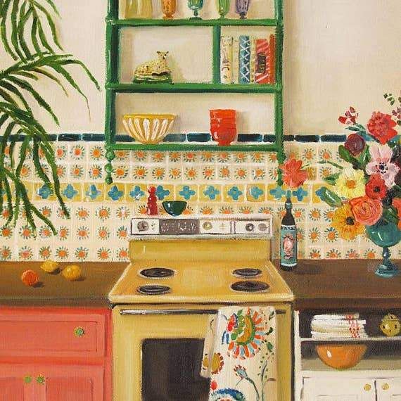 an oil painting of a kitchen with oranges and flowers on the stove top, green shelves above