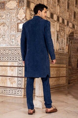 Medium blue bandhgala with hand embroidered french knots and beads. Paired with a plain pant. - Aza Fashions Traditional Bandhgala With Dori Work For Reception, Ceremonial Fitted Sherwani With Dori Work, Bandhgala With Dori Work For Receptions And Festivals, Ceremonial Fitted Bandhgala With Dori Work, Traditional Fitted Bandhgala With Dori Work, Festival Bandhgala With Dori Work For Reception, Fitted Traditional Bandhgala With Dori Work, Formal Fitted Bandhgala With Dori Work, Blue Bandhgala With Naqshi Traditional Drape