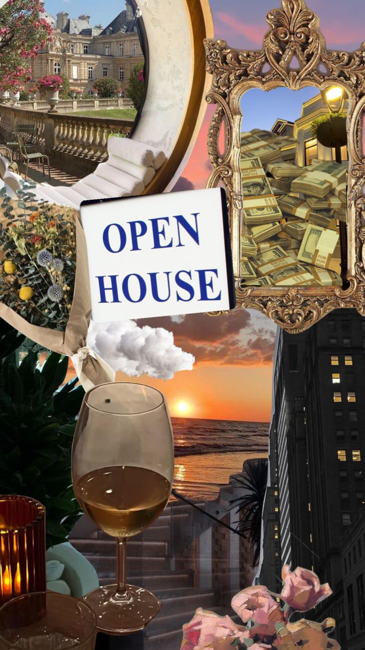 an open house sign and some wine glasses