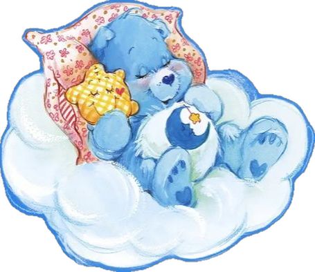 a blue teddy bear laying on top of a cloud with a pillow and star in it