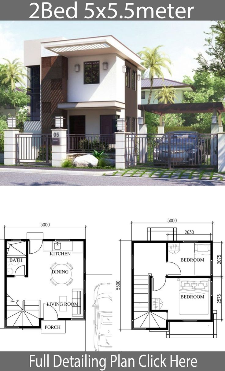 two story house plan with 2 beds and 5 meters in the front, three bedroom floor plans