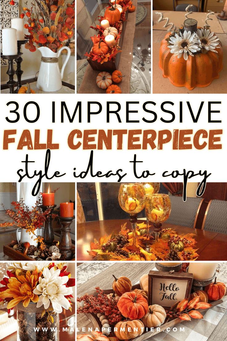 a collage of photos with pumpkins, flowers and other things in them for fall centerpiece