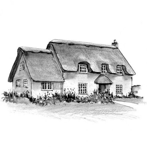 a black and white drawing of a thatched roof house with flowers in the foreground