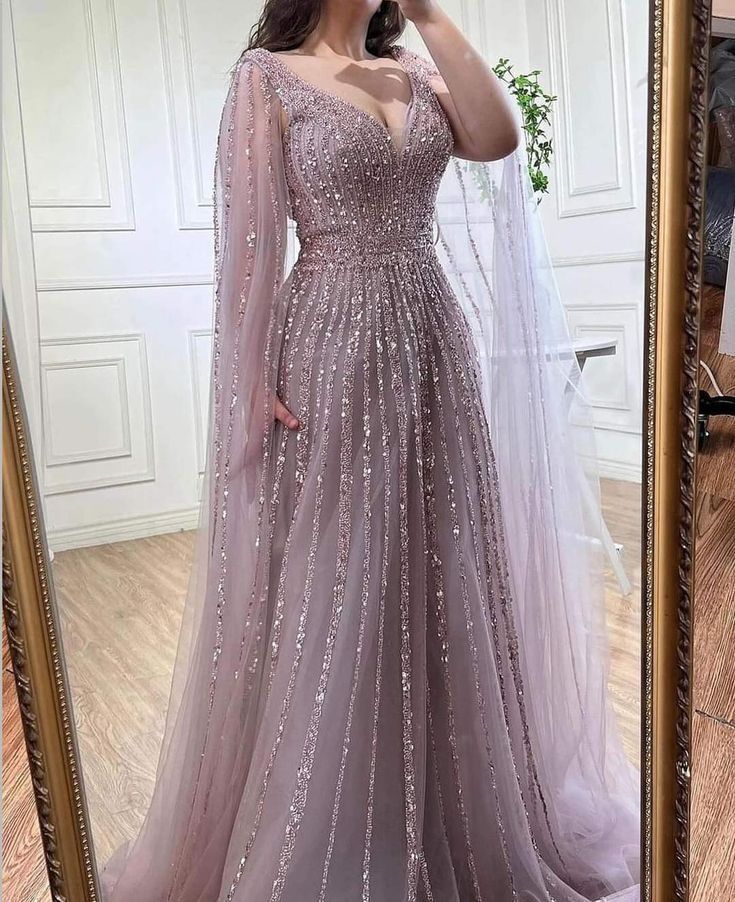 #fashion, #style, #outfitinspiration, #beauty Desi Prom Dresses, Prom Dresses With Cape, Party Wear Gowns, Champagne Evening Dress, Modest Evening Dress, Dubai Luxury, Long Veil, Fancy Dresses Long, Evening Party Gowns