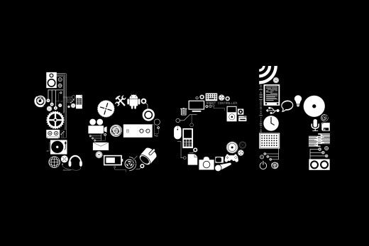 the word tech written in black and white with various electronic gadgets around it on a dark background