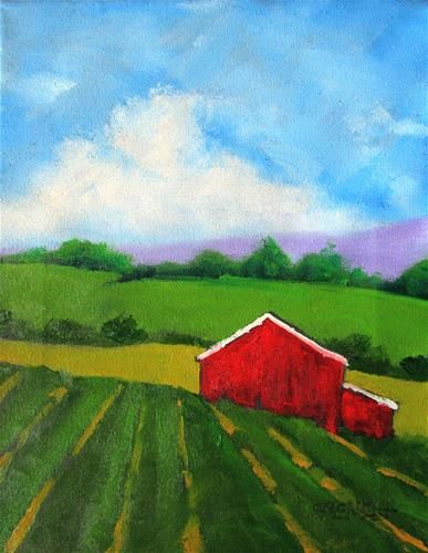 a painting of a red barn in a green field