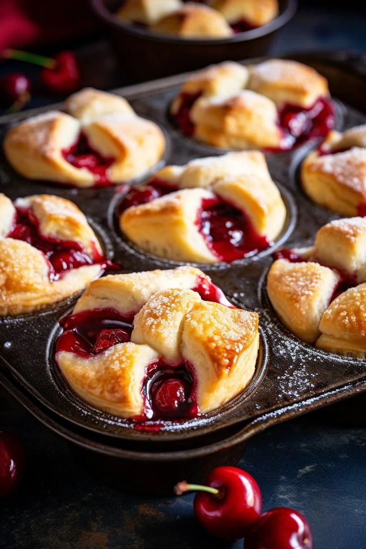 freshly baked cherry pies in a muffin tin with fresh cherries on the side