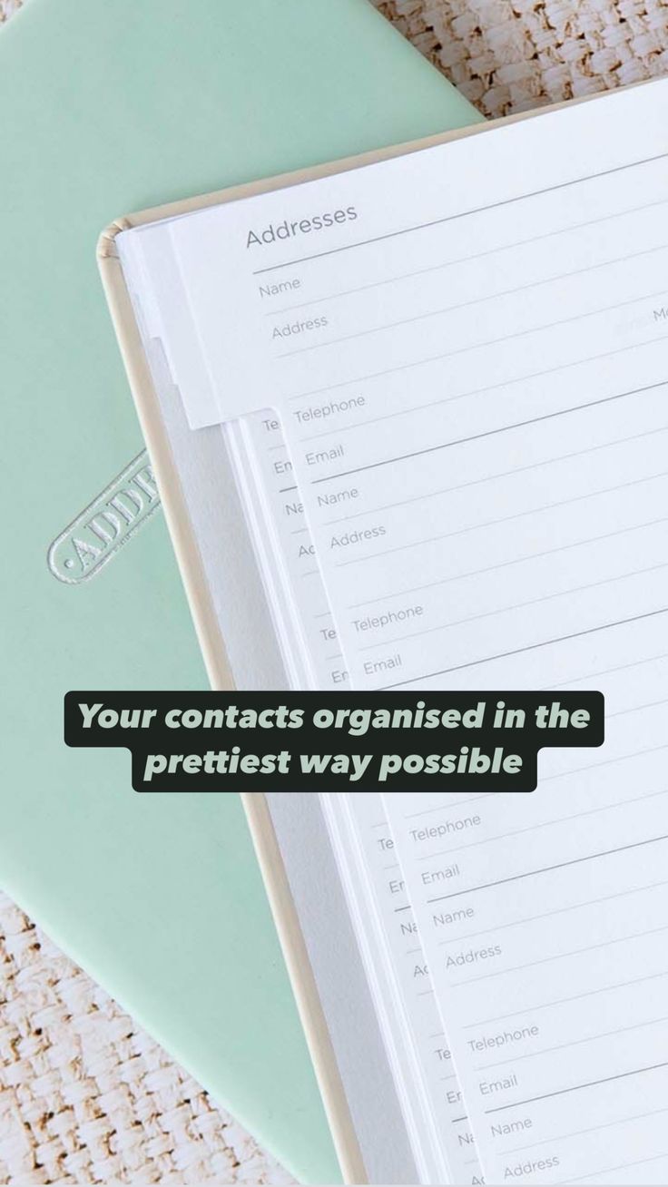 a notebook with the words your contacts organised in the prettiest way possible