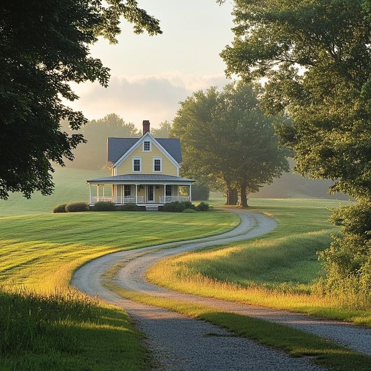 a house in the middle of a field with a dirt road leading to it and trees on either side