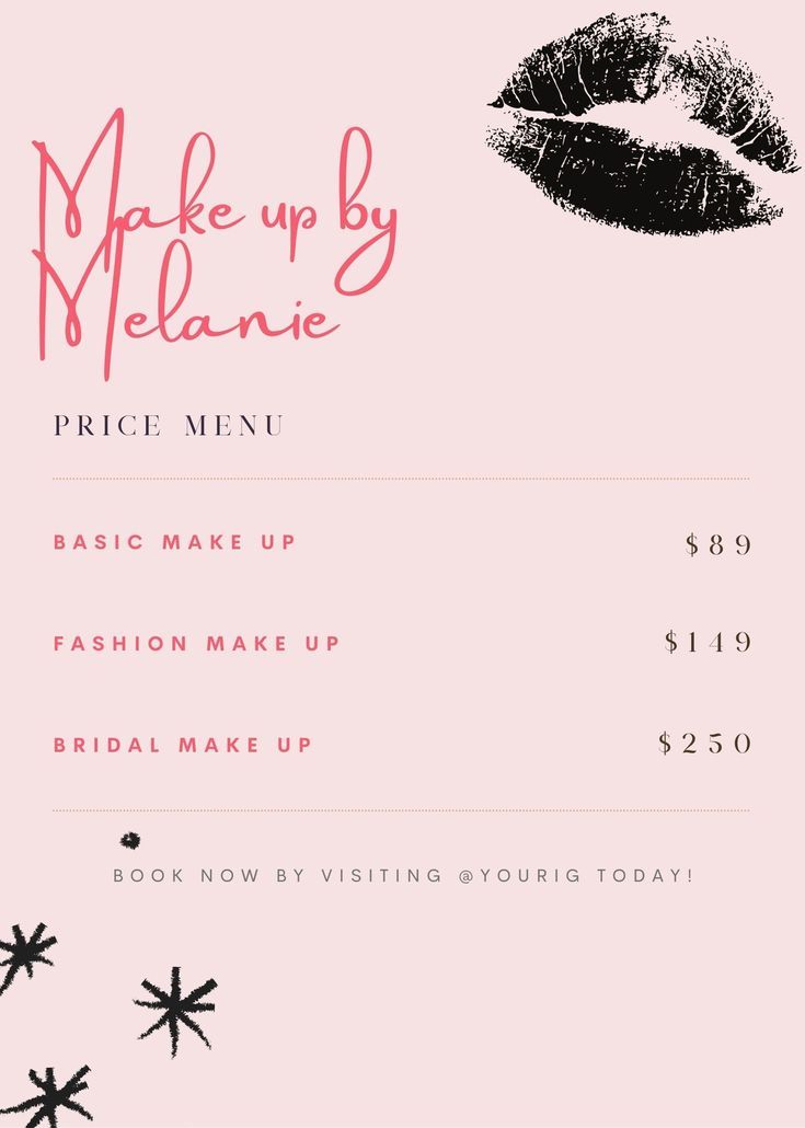 the make up by melanie price menu is shown in black and pink colors