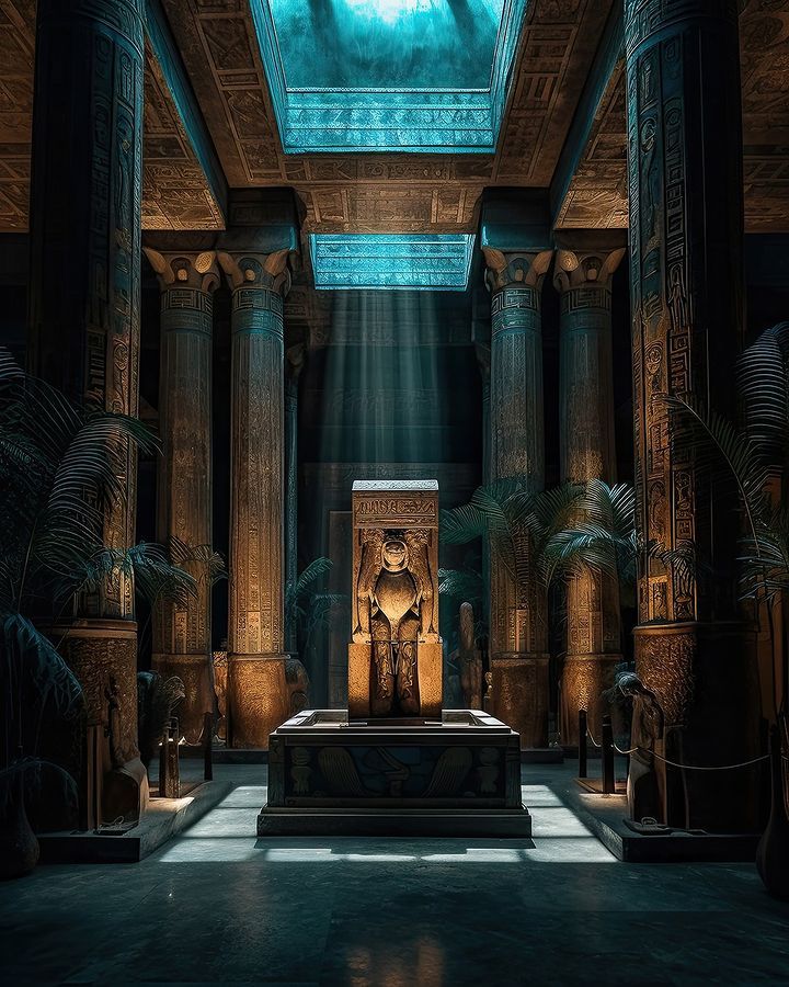 the interior of an egyptian temple with columns and statues