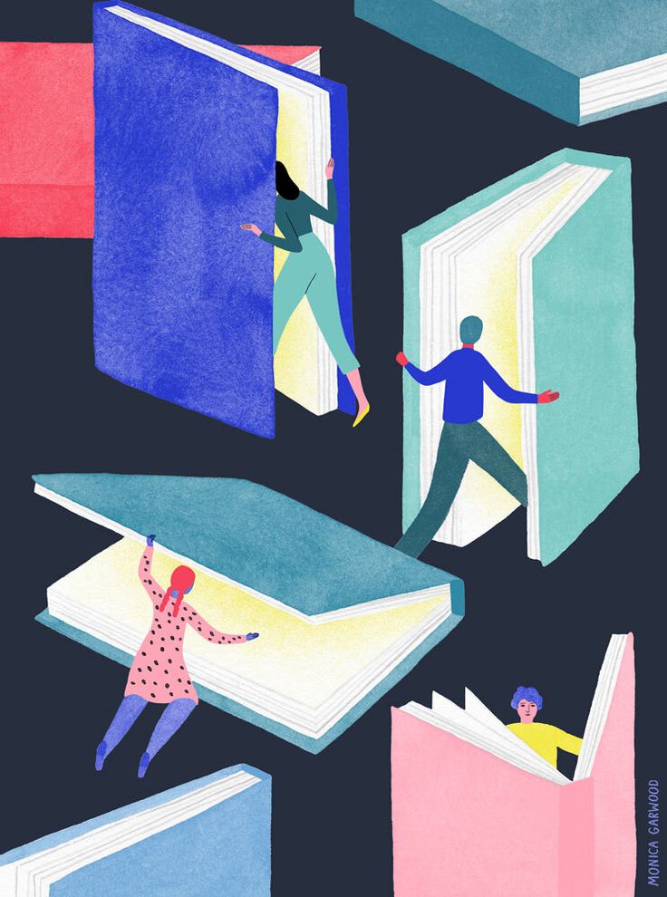 two people are climbing out of an open book and another person is reaching for something