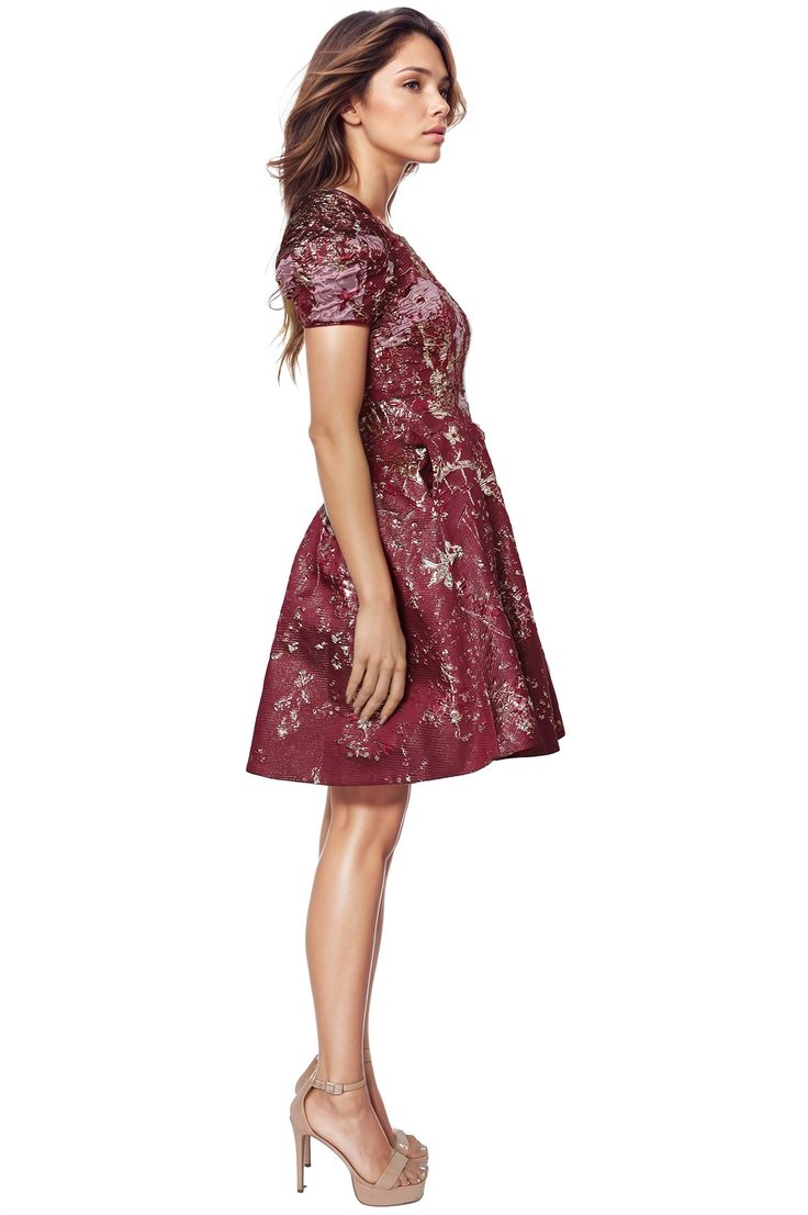 NOW AVAILABLE FOR MADE TO ORDER! 4-6 week delivery time From Rene Ruiz Collection, a striking puff sleeve cocktail dress crafted from exquisite French brocade border print fabric. With meticulous attention to detail, this creation embodies timeless elegance and modern sophistication. STYLE RRCLN2323 Lantern sleeve Boarder print brocade Shoulder to hem measurement: 38" Model height: 6'0 with heels Model is wearing a size 2 (Bust: 36" Waist: 27" Hip: 38") FULLY EXCHANGEABLE OR RETURNABLE RETURN PO Elegant A-line Evening Dress With Floral Print, A-line Floral Print Dresses For Gala, Luxury Fitted Brocade Dress, Silk Puff Sleeve Formal Dress, Floral Print A-line Evening Dress For Party, Luxury Short Sleeve Gala Dresses, Luxury Floral Print Dress For Gala, Festive Formal Brocade Dress, Festive Brocade Formal Dress