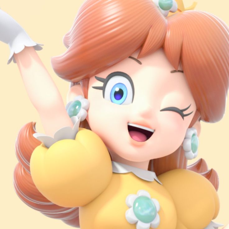 a close up of a cartoon character with an orange hair and blue eyes, holding her arms in the air