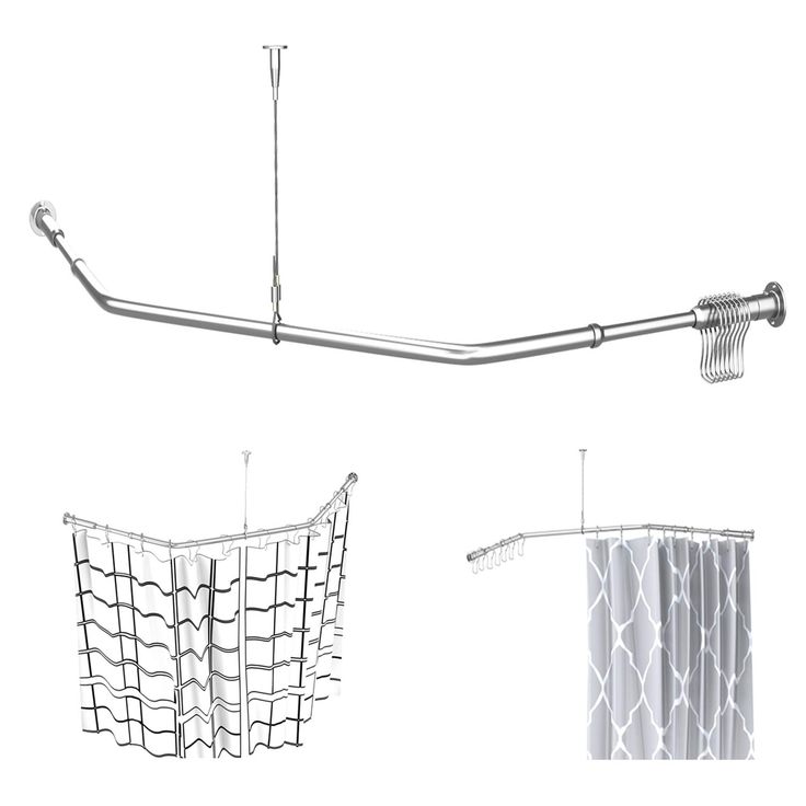 three different types of bathroom accessories hanging from the ceiling, including a shower curtain and toilet paper holder