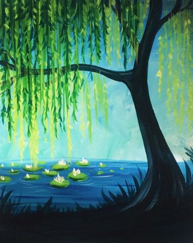 an image of a tree with water lilies on it and the words weeping willow tree with lilies on it