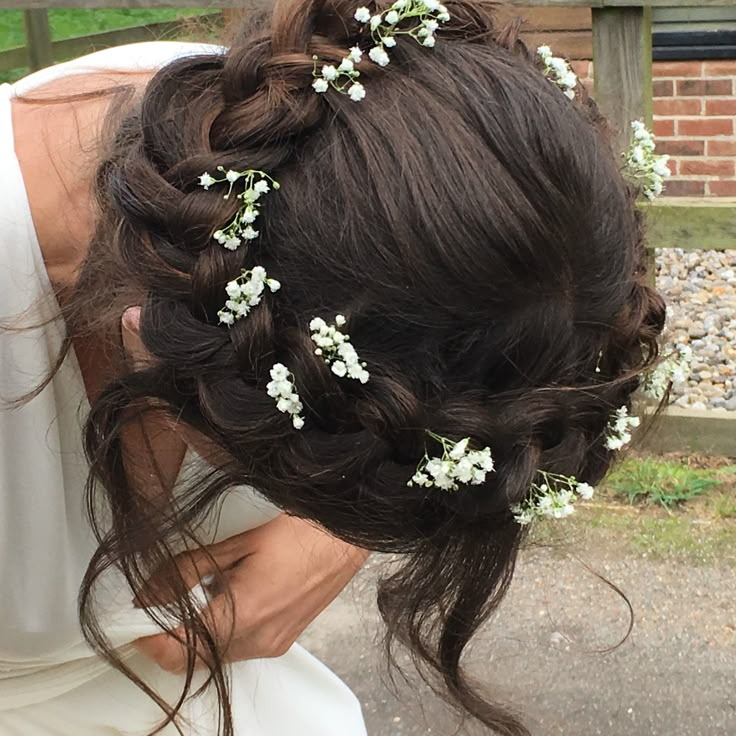 Curly Braid Crown, Hair Crown With Flowers, Cottage Core Updos, Braid Crown On Short Hair, Long Hairstyles With Flowers, Formal Hair With Flowers, Flower Crown Hairstyle Short Hair, Braid Crown Wedding Hair, Medium Length Hairstyles With Braids