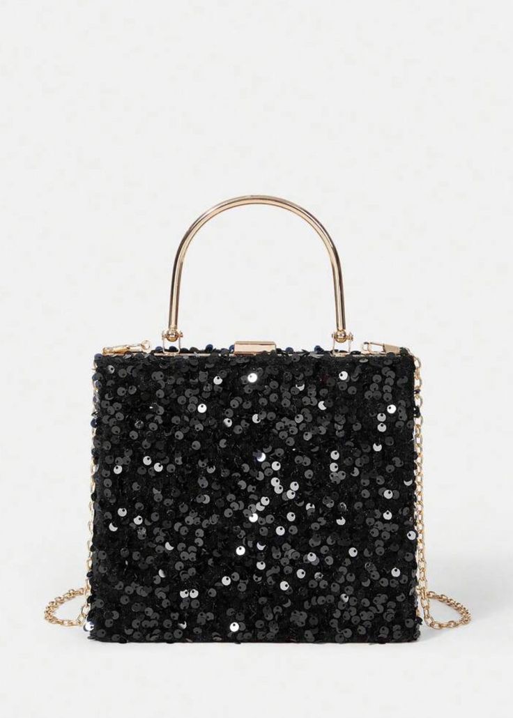 Add a touch of glamour to your evening attire with the Black Sequin Square Evening Bag. The elegant gold top handle adds a sophisticated touch, while the detachable chain shoulder strap offers versatility. Perfect for special occasions and formal events. Glamorous Evening Bags With Detachable Handle, Glamorous Top Handle Shoulder Bag For Night Out, Glamorous Evening Bag With Gold-tone Hardware, Rectangular Gala Bag With Gold-tone Hardware, Rectangular Gala Bags With Gold-tone Hardware, Elegant Bags With Gold-tone Hardware For Gala, Luxury Evening Bag With Gold-tone Hardware For Party, Party Evening Bag With Chain Strap And Top Handle, Rectangular Bags With Gold-tone Hardware For Gala