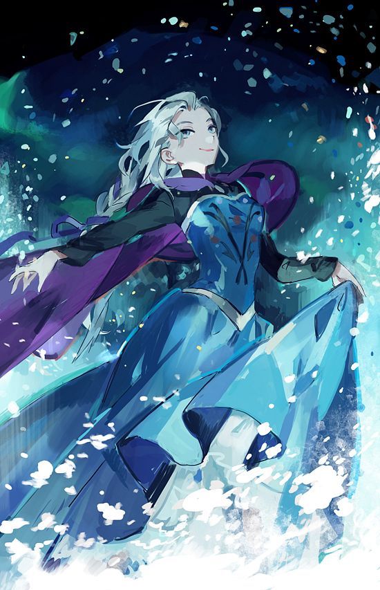 an anime character with white hair and blue eyes is standing in the snow, wearing a purple