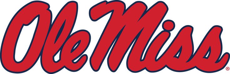 the ole miss logo is shown in red and blue