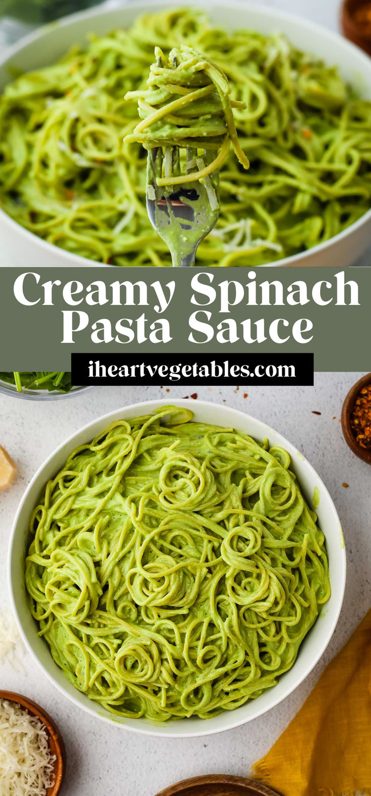 creamy spinach pasta sauce in a white bowl