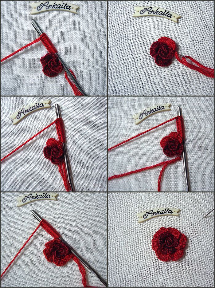 the instructions to crochet a rose in red yarn and then sew together