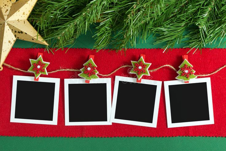 three christmas photos hanging on a red and green table cloth next to a star ornament