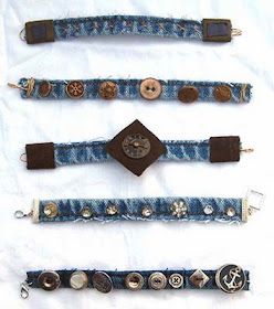 four pieces of denim with buttons attached to each one, all in different sizes and shapes