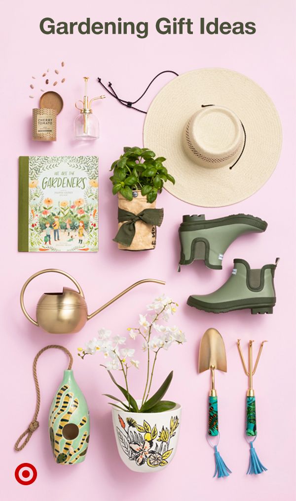 gardening gift ideas on a pink background