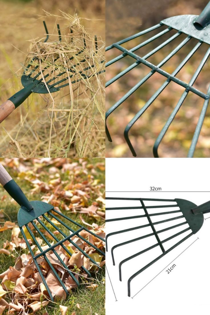 a garden rake laying on the ground next to some dead leaves