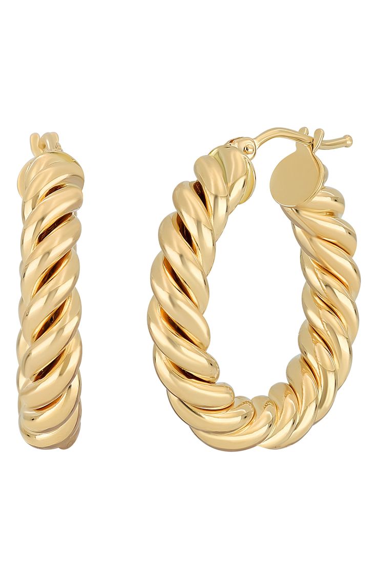 Add a twist to everyday ensembles with hoops handcrafted from 14-karat gold. 1" hoop diameter; 1/4" width 14k gold Made in Italy Twisted 14k Yellow Gold Earrings, Twisted Gold Plated Yellow Gold Hoop Earrings, 14k Yellow Gold Twisted Earrings, Twisted Yellow Gold Hoop Earrings, Tarnish Resistant, Twisted 14k Yellow Gold Hoop Earrings, Yellow Gold Hoop Earrings With A Modern Twist, Modern Twist Yellow Gold Hoop Earrings, Modern Twist Small Hoop Earrings In Yellow Gold, Modern Twist Yellow Gold Small Hoop Earrings