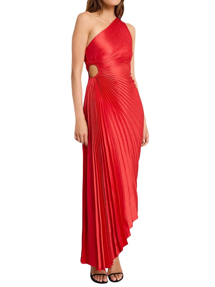 a woman wearing a red dress with one shoulder cut out