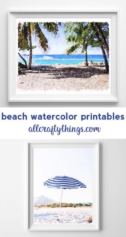 two pictures with the words beach watercolor printables and an umbrella on it