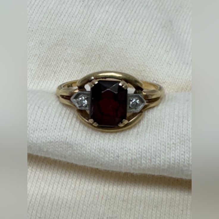 Questions? Leave A Comment Below! Estate Found 14k Tested And Marked Garnet And Diamond Accents Measurements Are Shown In Pictures I Have Been An Antique Dealer For Decades. Familes Come To Be To Help Them Move Their Loved Ones Estates. Please Visit Me Often To See What Estate Fresh Items I Have! I Try To Price According To What Has Sold And The Precious Metals And Stones Used And Rarity Of The Items, But Welcome Offers. Purchase With Confidence! Thanks Elisa Elegant Garnet Ruby Ring Stamped 14k, Vintage Garnet Birthstone Ring In Yellow Gold, Vintage Yellow Gold Garnet Birthstone Ring, Formal Birthstone Ring With Gemstone, Fine Jewelry Formal Birthstone Ring With Gemstone, Formal Fine Jewelry Birthstone Ring With Gemstone, Elegant Hallmarked Garnet Birthstone Ring, Formal Garnet Birthstone Ring In Fine Jewelry Style, Formal Garnet Birthstone Ring Fine Jewelry