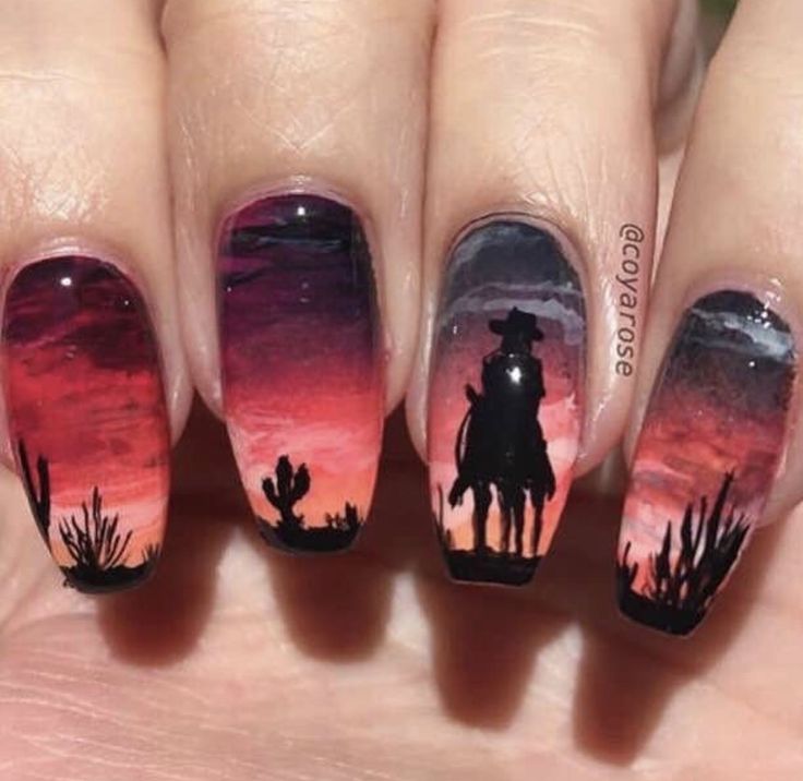 Sunset Cowboy, Western Nail Art, Cactus Nails, Country Acrylic Nails, Rodeo Nails, Horse Nails, Cowboy Cactus, Cowboy Nails, Western Nails