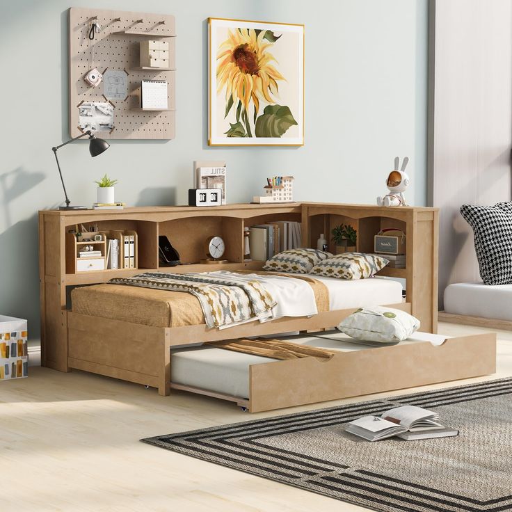 a bedroom with a bed, desk and book shelf