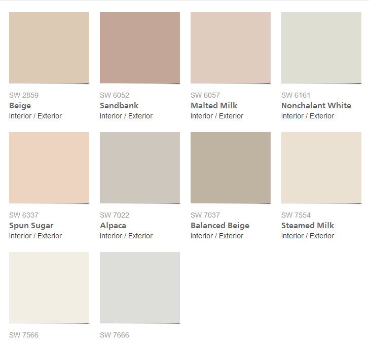 the different shades of paint that are available in each color scheme, including neutrals and whites