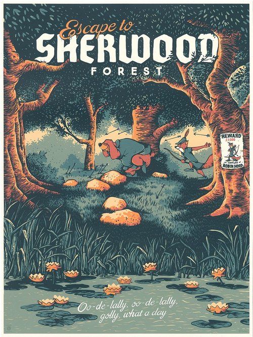 a poster with an image of two animals in the woods