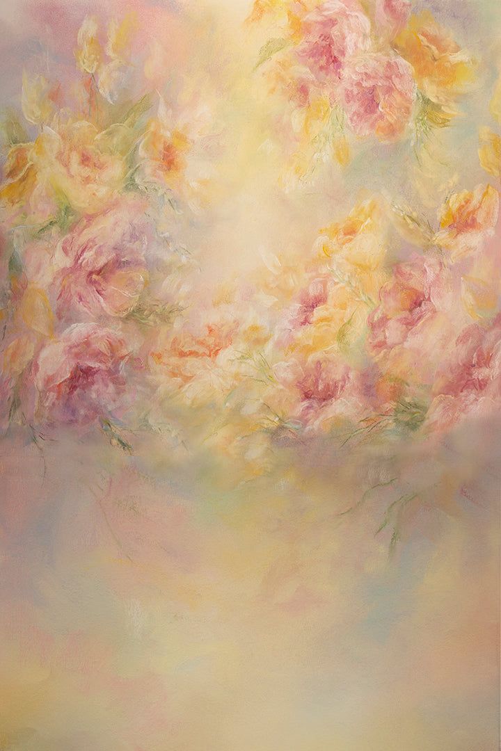 an abstract painting with pink and yellow flowers