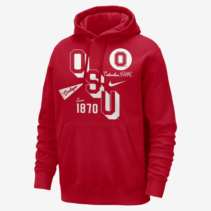 Don't let a little chill come between you and your team. This Ohio State hoodie is full of retro Buckeyes details set upon warm and cozy fleece. Our midweight brushed fleece feels extra soft on the inside and smooth on the outside, helping you stay cozy while keeping its structured shape. Winter Sports Fleece Sweatshirt, Fleece Sweatshirt For Winter Sports Events, Winter Fleece Sweatshirt For Sports Events, Nike Sweatshirt For Sports Season Fan Apparel, Nike Collegiate Sports Hoodie, Fall Fleece Hoodie For Sports Events, Team Spirit Fleece Hoodie, Collegiate Sports Hoodie For Winter, Collegiate Hoodie For Winter Sports