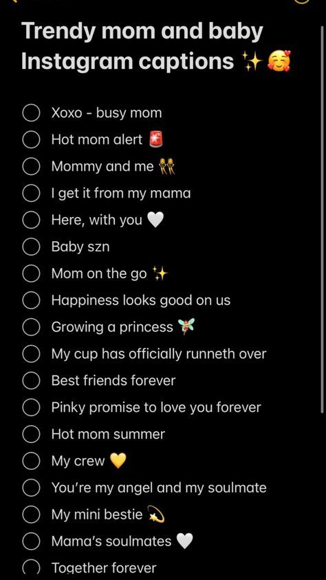 a list with the words trendy mom and baby instagram captions