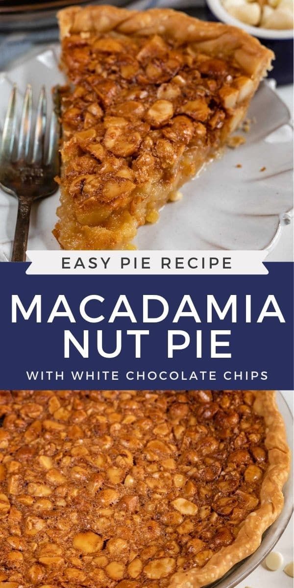 a close up of a pie on a plate with the words easy pie recipe macadama nut pie